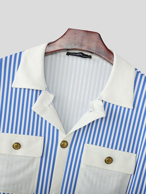 Men's Contrast Patchwork Striped Short Sleeve Shirt SKUL50764