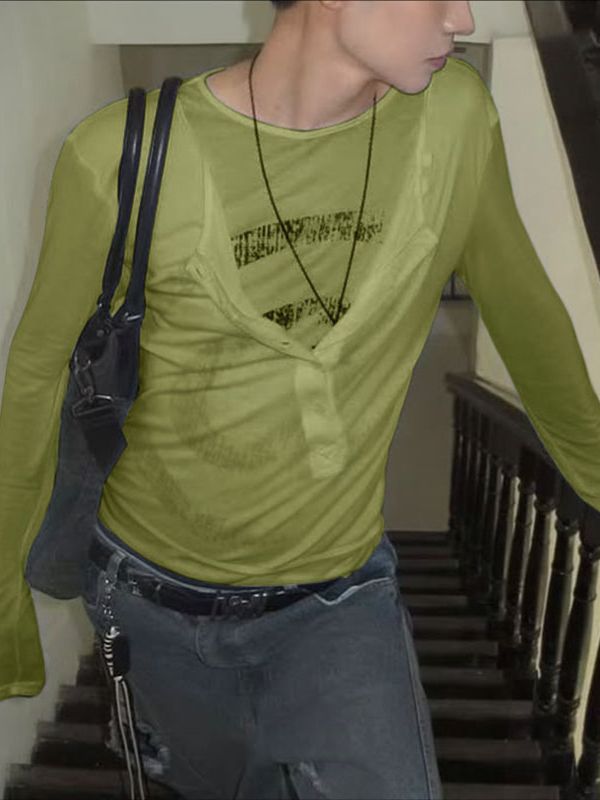 Men's Faux Two Piece Sheer Henley Neck Long Sleeve T-shirt SKUL41302