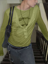 Men's Faux Two Piece Sheer Henley Neck Long Sleeve T-shirt SKUL41302