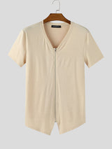 Mens Solid Color Knit Zip Short Sleeve T-Shirt SKUL15007