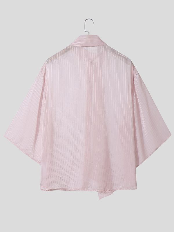 Men's Avant-Garde Sheer Pinstripe Pussy-Bow Neck Ties Oversized Short Sleeve Shirt SKUL66224
