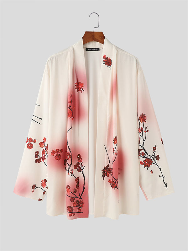 Mens Floral Print Long Sleeve Kimono Cardigan SKUK72347