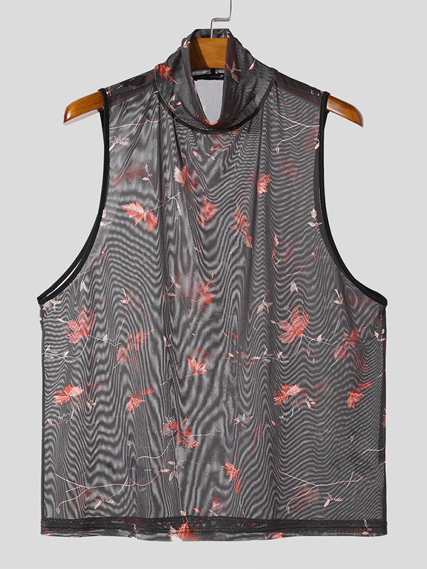 Mens Mesh Floral Print Mock Neck Tank SKUK64740