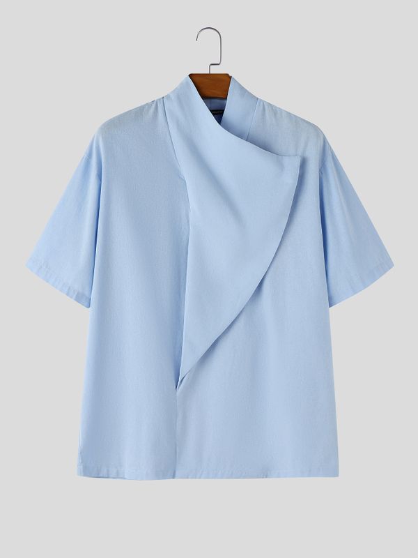 Men's Avant-Garde Minimalist Architectural Wrap-Front High-Collar Shorts Sleeve Shirt SKUL63670
