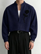 Men's Zen Minimalist Art Exhibition 3D Rose Flower Deep V-Neck Shirt SKUL85401