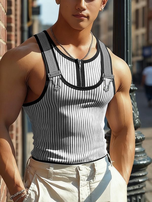 Men's Knit Striped Half Zipper Tank SKUL47998