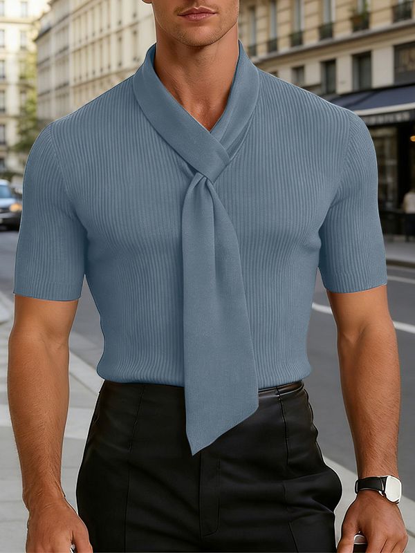 Men's Solid Color Knit Textured Short Sleeve T-shirt SKUL57332