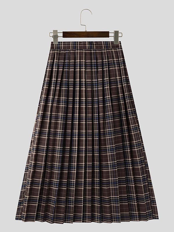 Mens Casual Colorblock Pleated Plaid Skirt SKUK91151