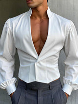 Mens Solid Color Deep V-Neck Long Sleeve Shirt SKUL01320