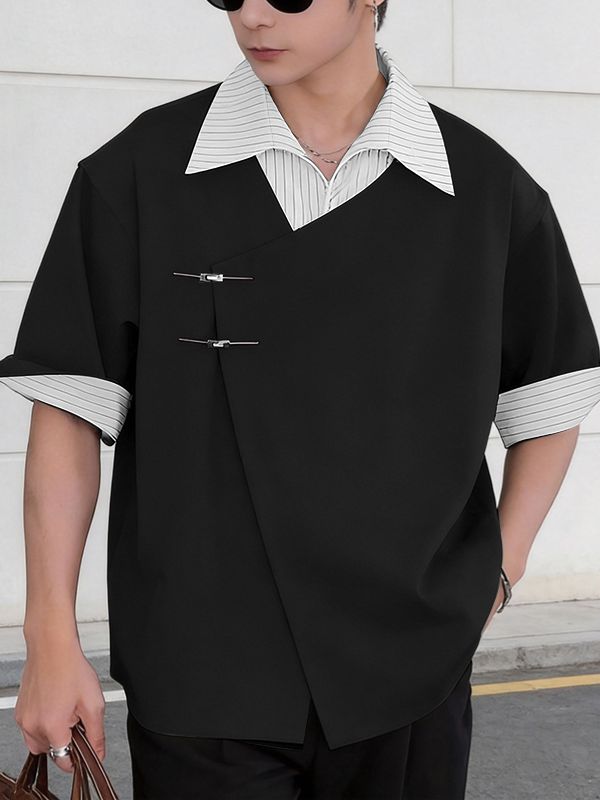 Men's Avant-Garde New Chinese Style 2-in-1 Layered Asymmetrical Shirt SKUL60171