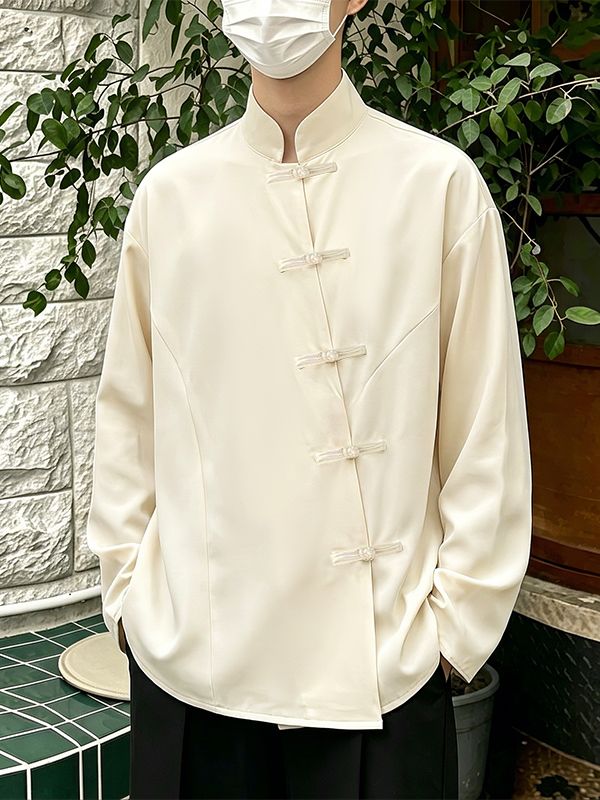 Men's Retro Urban Casual Chinese Frog Button Asymmetrical Curved Long Sleeve Shirt SKUL78347