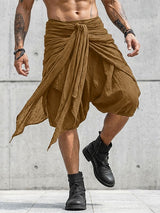Men's Avant-Garde Dark Wear Deconstructed Asymmetric Tied Wrap Drop-Crotch Short SKUL54748