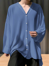 Mens Solid V-Neck High-low Hem Shirt SKUK54553