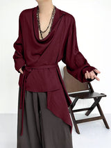 Men's Deconstructed Pleated Waist Drawstring Long Sleeve Shirt SKUL32840