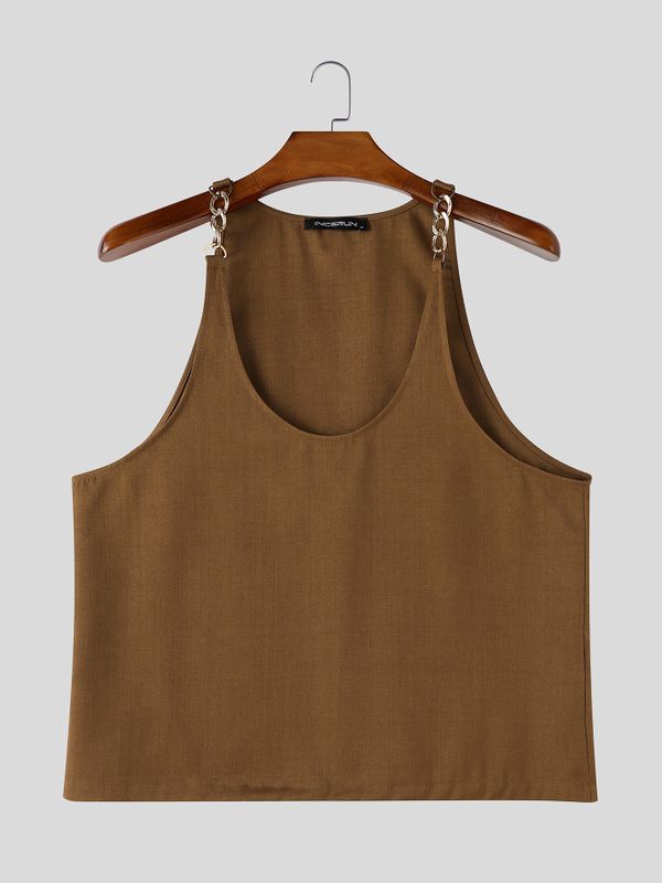Men's American High-Street Metal Chain Strap Deep U-Neck Textured Tank SKUL72421