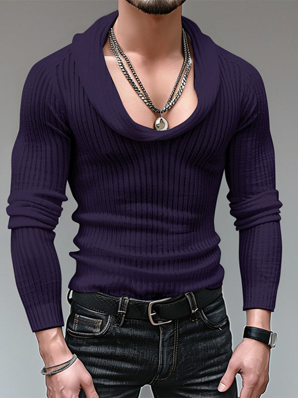 Mens Deep U-Neck Cowl Neck Long Sleeve T-shirt SKUK66968