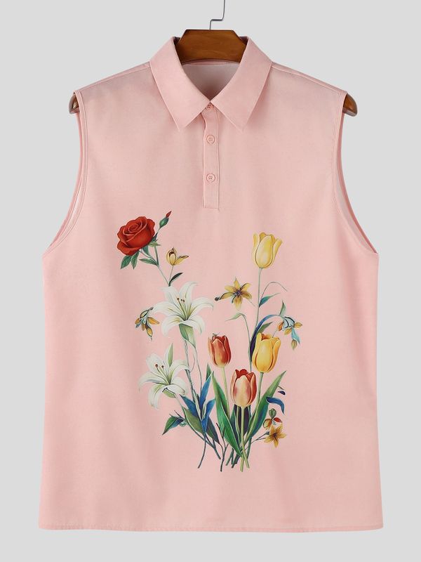 Men's Casual Daily Wear Floral Print Sleeveless Polo Collared Tank SKUL61919