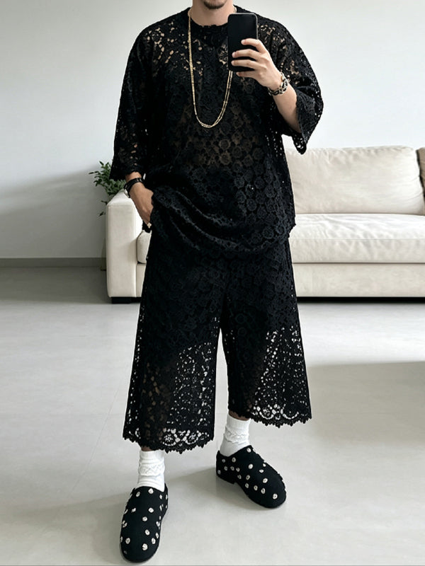 [Pre-order] Men's Avant-Garde Vacation Resort Sheer Floral Lace Half-Sleeve Two Pieces Outfit SKUL86944