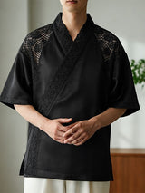 Men's Lace Sheer Shoulder Detail Cross-Collar Wrap Cardigan SKUL61195