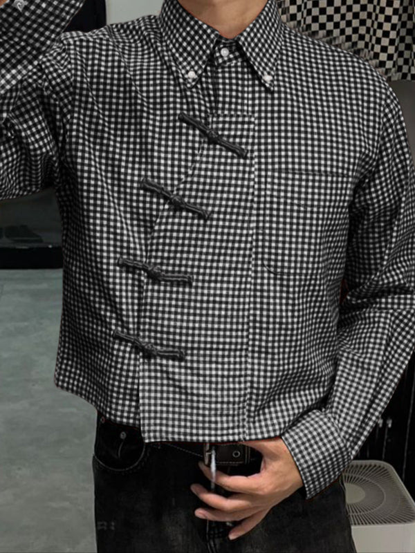 Men's Plaid Chinese Knot Long Sleeve Shirt SKUL50075