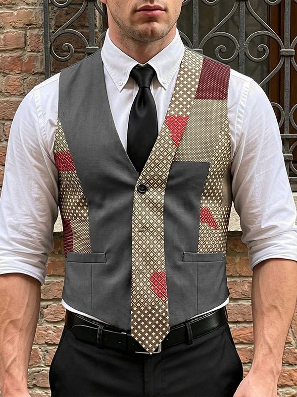 Men's Vintage Patchwork Faux-Tie Tailored Suit Waistcoat SKUL66931
