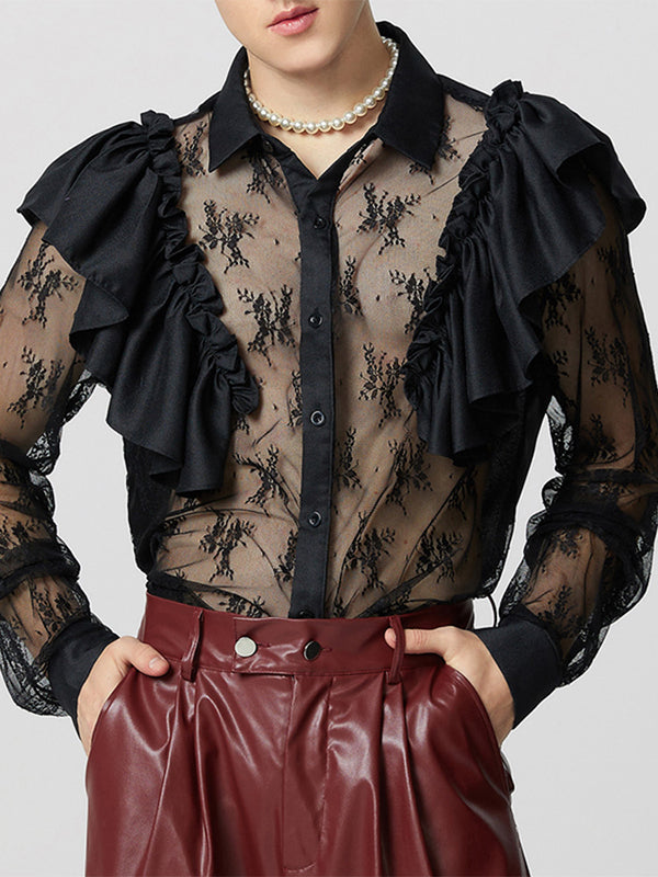 Mens Lace Sheer Long-Sleeve Shirt SKUK88249