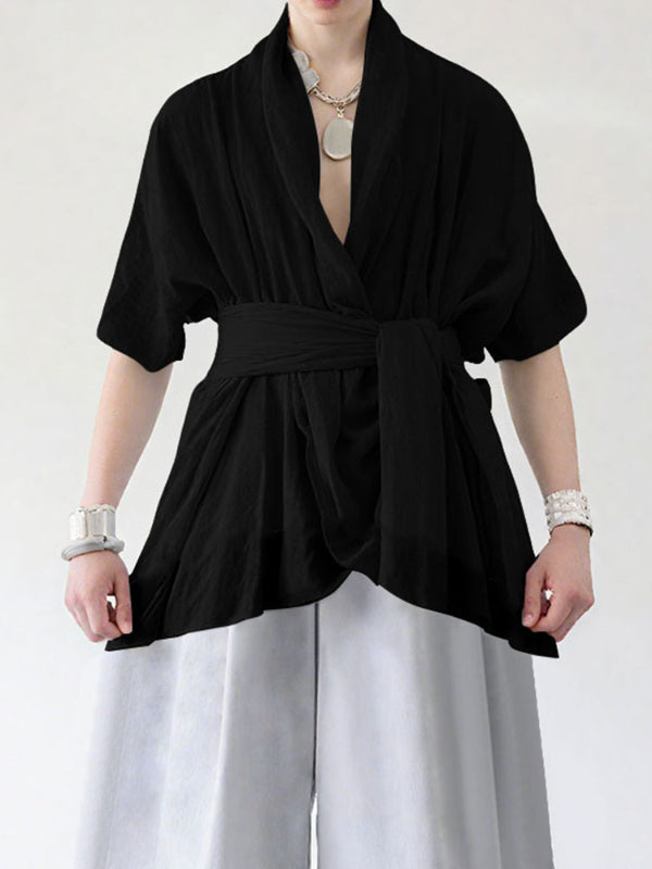 Men's Asymmetrical Placket Tie Short Sleeve Cardigan SKUL24951