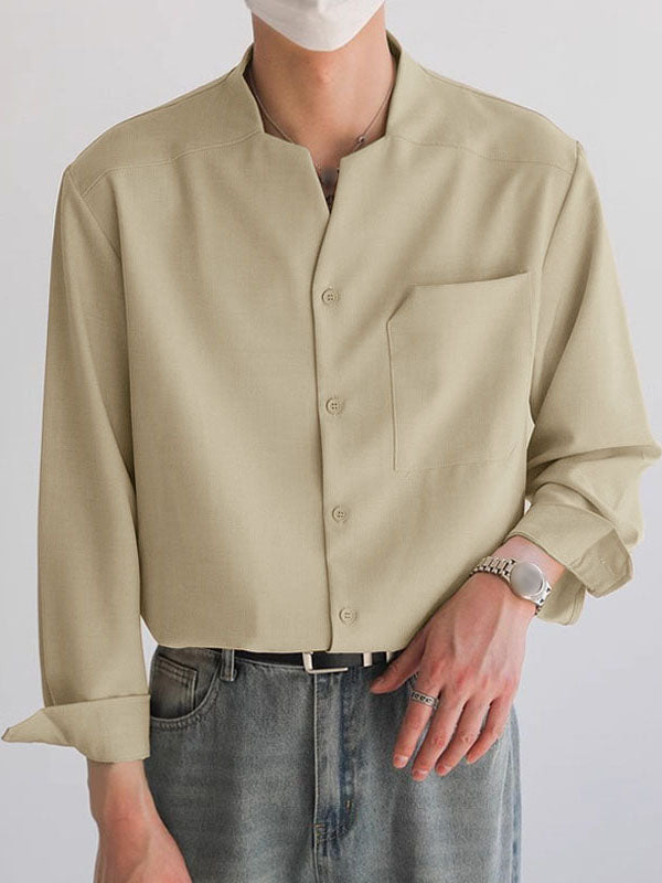 Mens Solid Notched Neck Long Sleeve Shirt SKUK61142