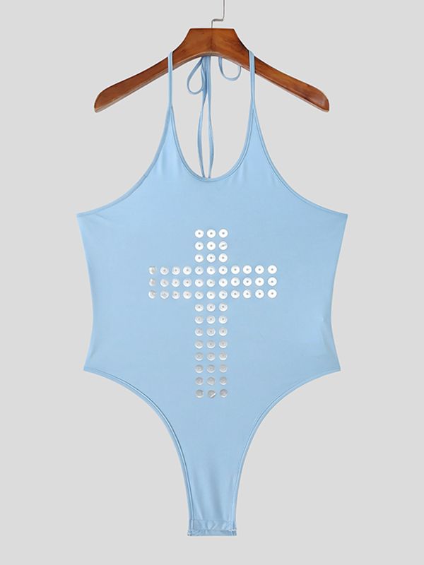 Men's Gothic Cross Print Halter Neck High Cut Bodysuit SKUL56554