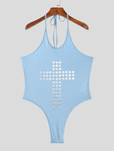 Men's Gothic Cross Print Halter Neck High Cut Bodysuit SKUL56554