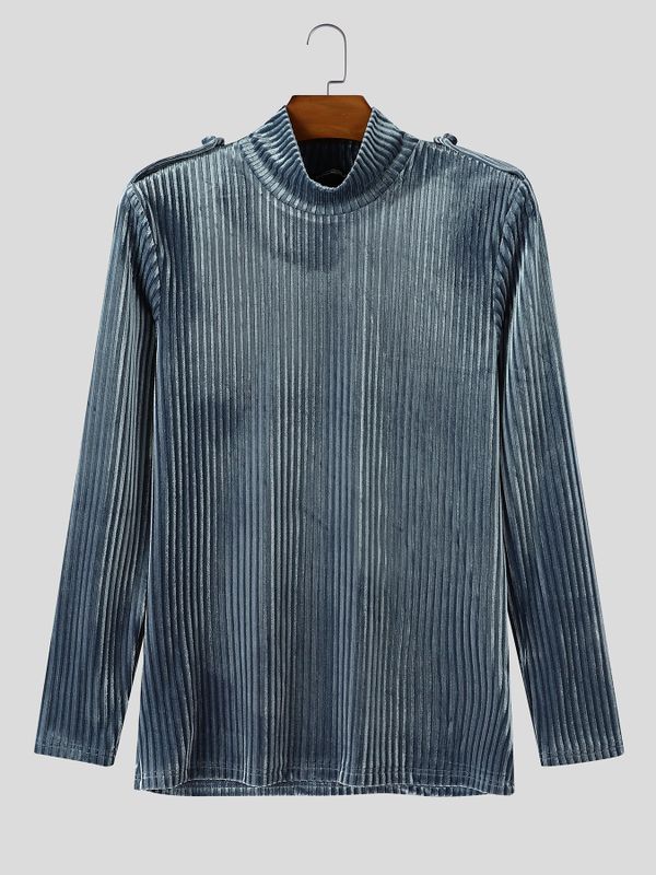 Men's Early Autumn Retro Pleated Velvet Slim Fit Long Sleeve Turtleneck T-shirt SKUL81737