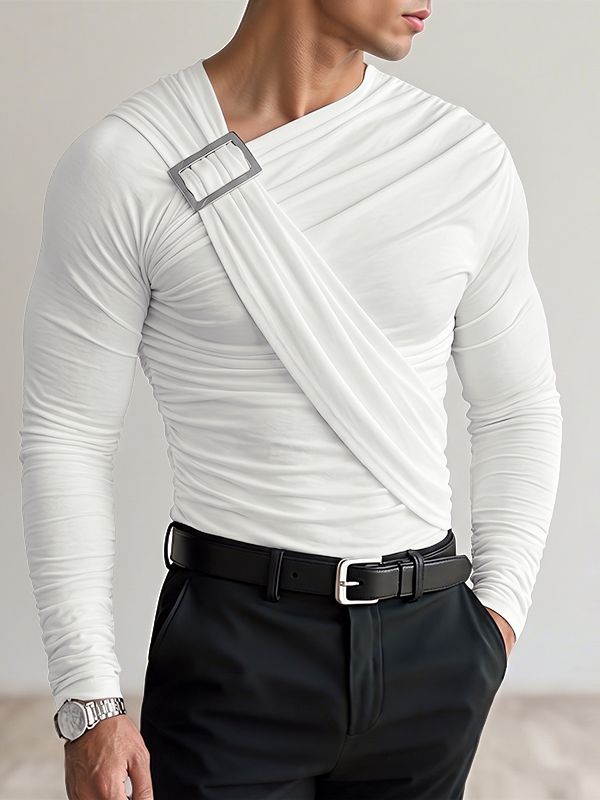 Men's High Street Urban Casual Shirred Wrap Metal Accent Long Sleeve Slash Neck T-shirt SKUL81733