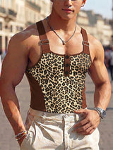 Men's Clubwear Leopard Print Color Block Strap Button Tank SKUL73608