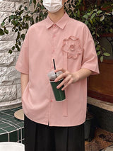 Men's K-Pop Streetwear 3D Floral Applique Ribbon Detailed Short Sleeve Shirt SKUL76570