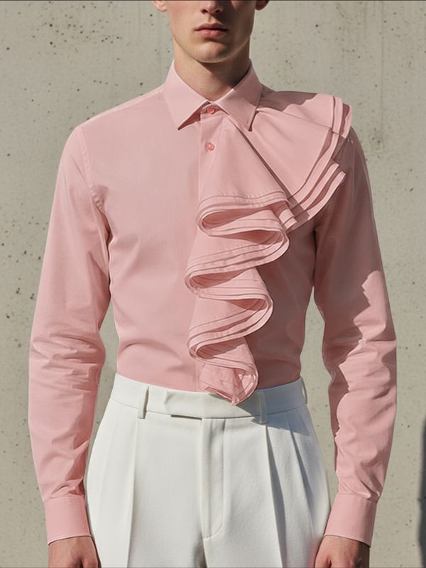 Men's Solid Color Ruffle Patchwork Long Sleeve Shirt SKUL42286