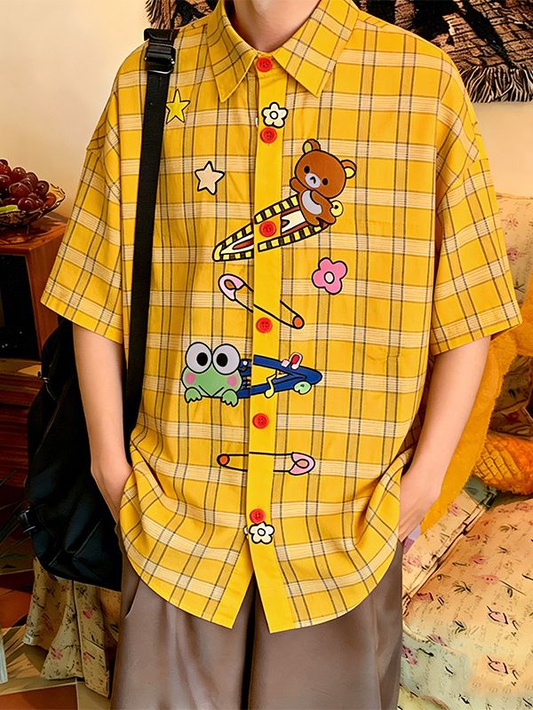 Men's Harajuku Kawaii Cartoon Bear Frog Plaid Short Sleeve Shirt SKUL59521