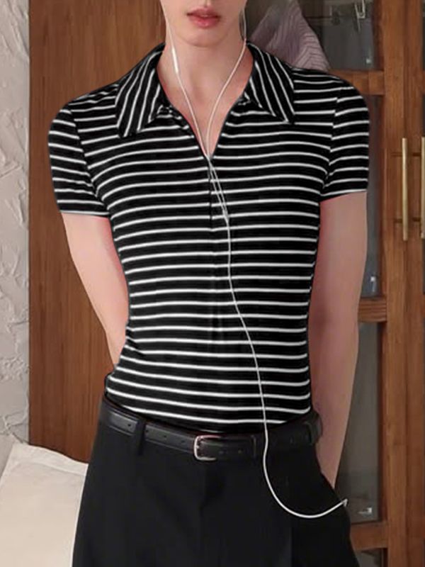 Men's Striped Zipper Turn Down Collar Short Sleeve T-shirt SKUL47695