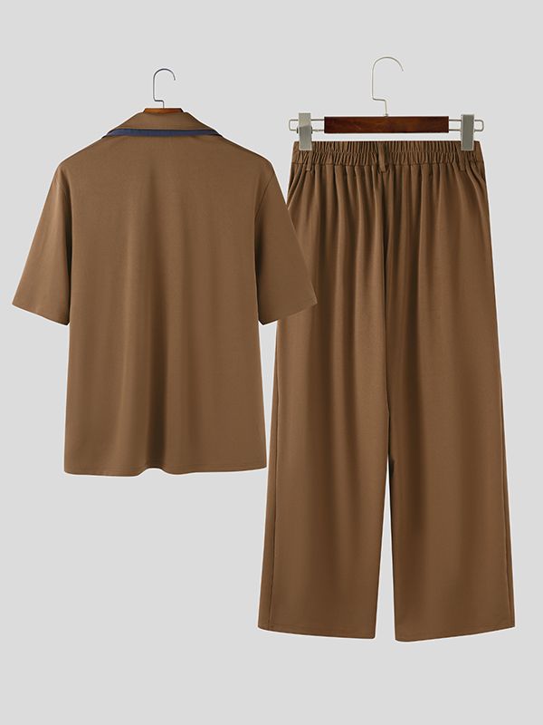Men's Faux Two Piece Contrast Turn Down Collar Two Pieces Outfit SKUL51066