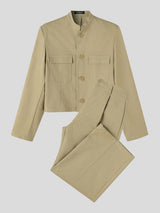Men's Zen Minimalist Art Exhibition Stand Collar Flap Pocket Cropped Two Pieces Outfit SKUL84620