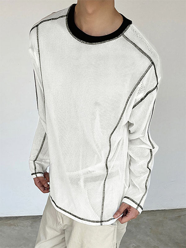 Men's Mesh Hollow Out Color Block Long Sleeve T-Shirt SKUL33866
