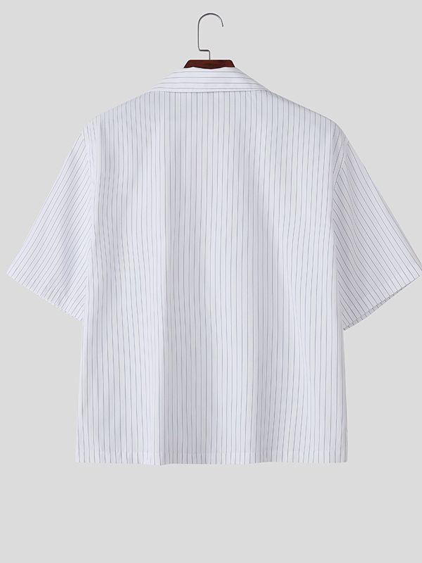 Men's Lace Up Patchwork Striped Short Sleeve Shirt SKUL39009