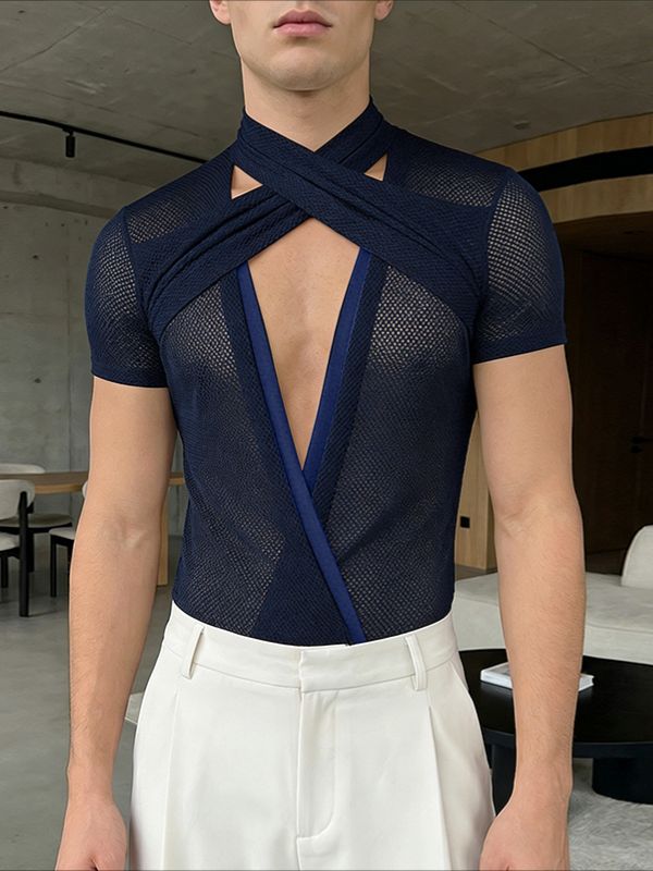 Men's Avant-Garde Sheer Mesh Double-Cross Wrap Cutout Bodysuit SKUL61684