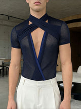 Men's Avant-Garde Sheer Mesh Double-Cross Wrap Cutout Bodysuit SKUL61684