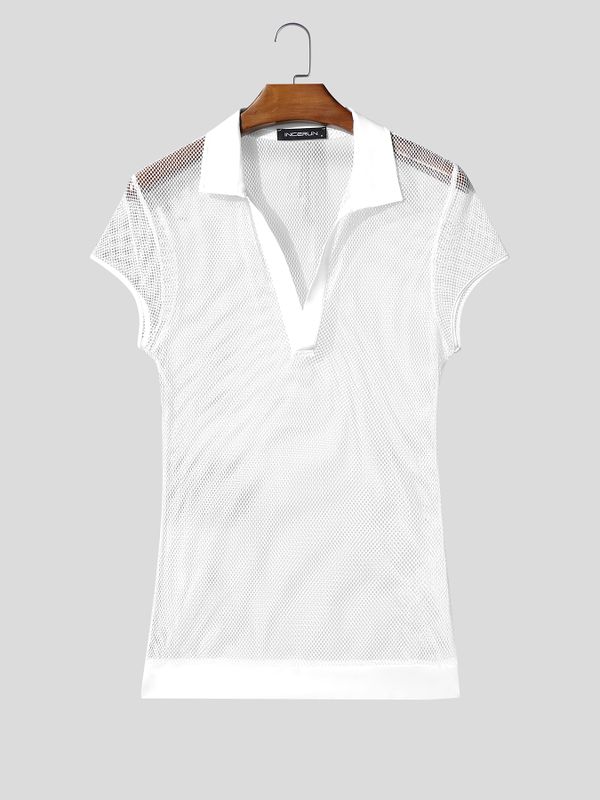 Men's Avant-Garde Deep V-Neck Full Mesh Polo Shirt SKUL63649