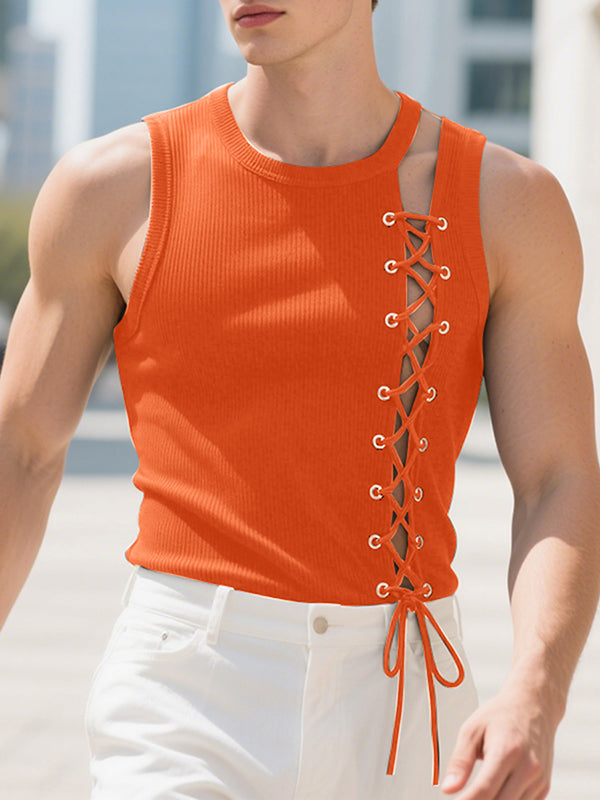 Mens Solid Color Knit Cross Tie Hollow Tank SKUL16798