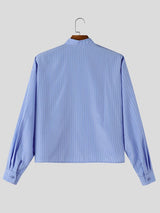 Men's Romantic Avant-Garde 3D Rose Appliqué Cropped Pinstripe Mandarin Collar Shirt SKUL79629