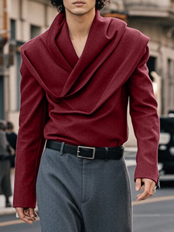 Men's Solid Color Draped Collar Long Sleeve Shirt SKUL36353