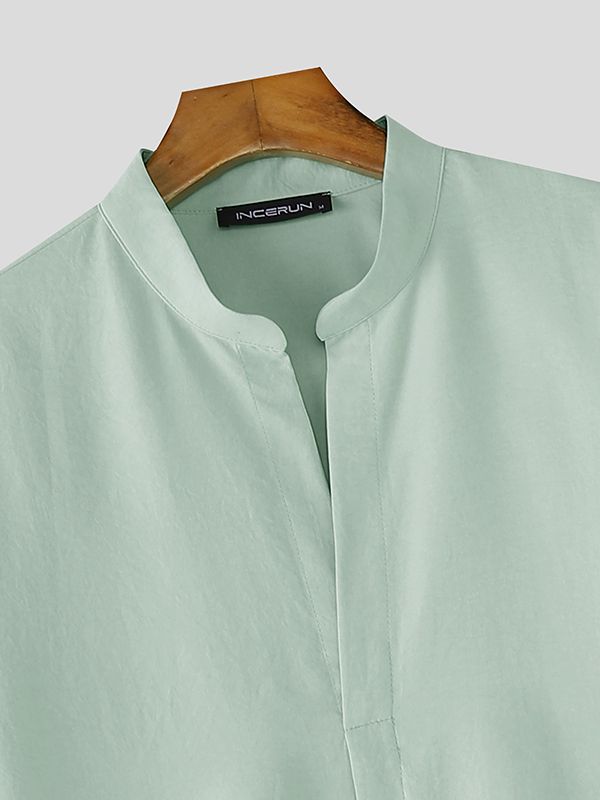 Men's Solid Color Stand Collar Short Sleeve Shirt SKUL49916