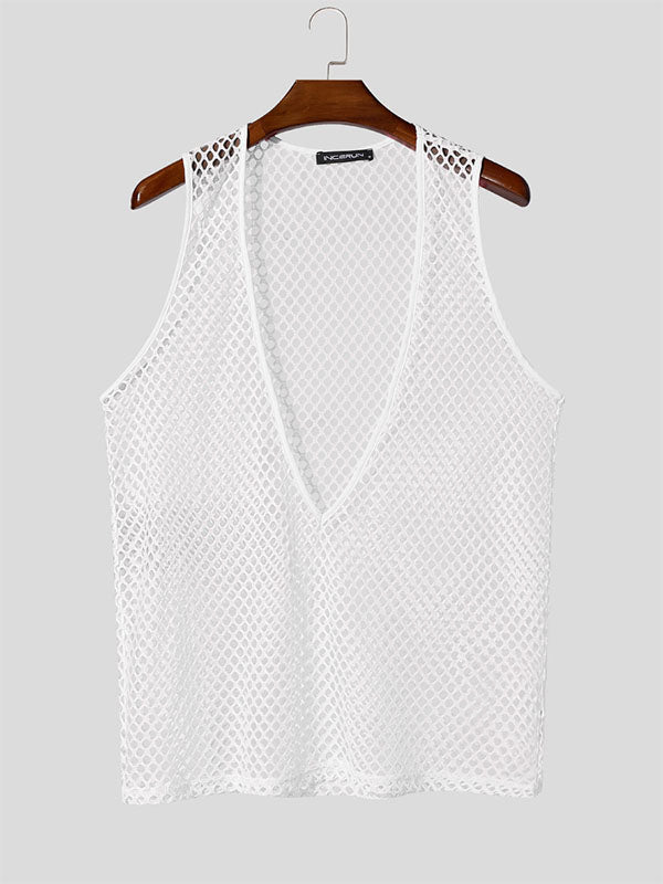 Mens Sheer Mesh Cowl Neck Hollow Tank SKUL13738