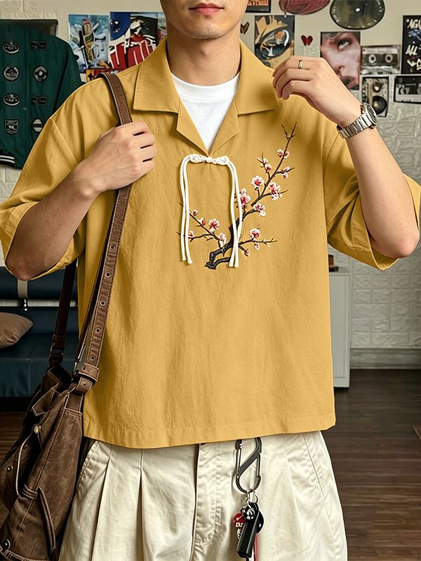 Men's Modern Chinese Turn-Down Collar Frog Button Plum Blossom Print Cropped Short Sleeve Shirt SKUL58701